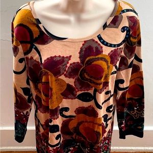 Monroe & Main floral sequins boho cotton cream & maroon top blouse size L fall